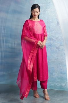 Fuchsia pink kurta with stripe woven motifs on yoke. Paired with cotton satin pant and border woven dupatta. - Aza Fashions Pink Cotton Silk Kurta With Self Design, Pink Zari Weave Kurta For Festive Occasions, Pink Kurta With Zari Weaving For Festive Occasions, Festive Pink Kurta With Zari Weaving, Pink Handloom Kurta With Traditional Drape, Pink Traditional Drape Handloom Kurta, Traditional Drape Pink Handloom Kurta, Pink Chanderi Handloom Kurta, Satin Pant