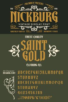 an old fashioned font and numbers set up in three different styles, each with gold lettering