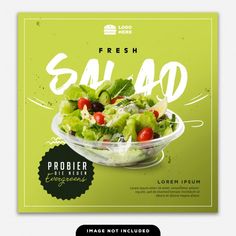 a salad flyer is shown with a green background