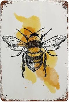 a drawing of a bee on a white background with yellow watercolors and brown spots