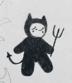 a drawing of a cat holding a pitchfork