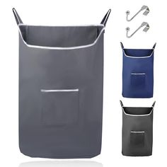 an image of a laundry hamper with two handles and three pockets for the top