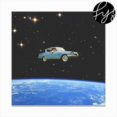 a car flying over the earth with stars in the background