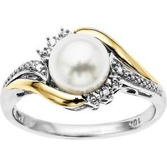 This cocktail style ring is created in sterling silver and 10Kt yellow gold. At the center of this ring, a 7mm round freshwater pearl stone is securely set in the center and further enhanced by round diamonds on both sides. This ring is crafted in a high polish finish and contains a total of four diamonds. The swirl design of this item gives it an elegant and classy feminine look. Wear it alone as an everyday favorite or with other jewelry pieces. Perfect for June birthdays. Matching pendant in Stone Ring Design, White Stone Ring, Pearl Birthstone, Gold Pearl Ring, Diamond Accent Ring, Pearl And Diamond Ring, Fine Silver Jewelry, Silver Jewelry Design, Jewels Rings