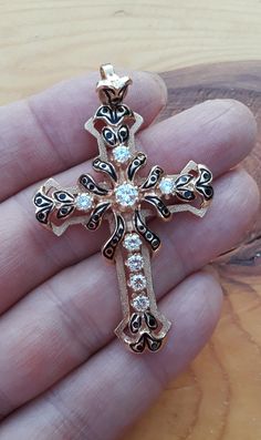 "Absolutely Stunning 14k Yellow Gold, Diamond, Black Enamel Cross Pendant. Pendant is in Good Pre Owned Condition all sales are final no return  pics ENLARGED to see details. ATTENTION BUYERS.. ALL ITEMS FROM MY SHOP MUST BE PURCHASED STRAIGHT FROM ETSY WEBSITE ONLY. NOT THRU GOOGLE AND OTHERS \" OFFSITE ADS\" Etsy charging me $100 Fee Extra from each sale made thru Google and Others \" OFFSITE Ads\"." Luxury Black Filigree Jewelry, Luxury Engraved Cross Jewelry, Traditional Gold Jewelry With Black Enamel, White Gold Jewelry With Black Enamel For Wedding, White Gold Wedding Jewelry With Black Enamel, Formal Intricate Cross Pendant Jewelry, Black Engraved Necklace For Wedding, Black Enamel Jewelry For Wedding, Black Enamel Wedding Jewelry