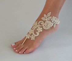 Champagne Lace Sandal Beach Wedding Barefoot Sandals | Etsy Elegant Barefoot Sandals For Summer Party, White Barefoot Sandals For Spring Party, Elegant Barefoot Sandals For Spring Party, Elegant Spring Party Barefoot Sandals, Elegant White Barefoot Sandals For Party, Elegant Adjustable Sandals For Bridal Shower, Elegant Summer Bridal Accessories For Bridal Shower, Elegant Summer Anklets With Ankle Strap, Elegant Ankle Strap Anklets For Summer