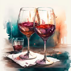 two glasses of red wine sitting on top of a table