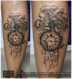 two tattoos that have trees on them and an analog clock in the middle with words written below