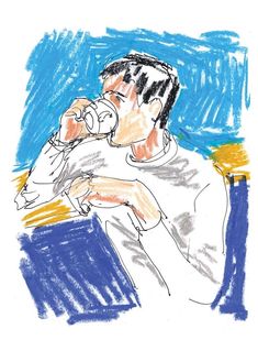 a drawing of a man drinking from a bottle