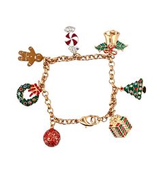 This whimsical gold plated bracelet features 7 Christmas themed charms, including a Christmas tree, a present and a wreath, and has a lobster claw fastening.  This festive bracelet would make an ideal Christmas gift.       *    Gold plated charm bracelet set with Swarovski crystals and enamel     *    A collectable Christmas themed woman's charm bracelet     *    Dimensions: 190mm x 24mm (7 1/2 inches x 1 inches)     *    Supplied in a Gift Box with a Certificate of Authenticity Christmas Charm Bracelet, Brr Basket, Intimacy Quotes, Charm Bracelet Gold, Laura Ingalls, Christmas Bracelet, Gold Charm Bracelet, Bangle Bracelets With Charms, Christmas Charms