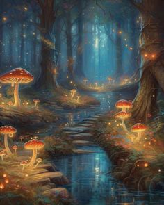 a painting of mushrooms and fireflies in a forest by a stream with lights on the ground