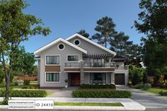 a two story house with lots of windows and balconies on the second floor