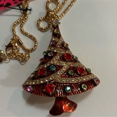 Betsey Johnson Necklace Can Be A Pin Or Broach Tree All Over Rhinestones Never Worn Bundle And Save Red Necklace For Holiday Party, Red Holiday Party Necklace, Holiday Red Party Necklace, Jeweled Crystal Rhinestone Necklace As Gift, Holiday Jewelry Gift With Rhinestones, Holiday Gift Jewelry With Rhinestones, Holiday Rhinestone Jewelry For Gifts, Festive Holiday Jewelry With Rhinestones, Holiday Rhinestone Jewelry Gift