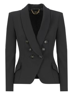 96% Polyester, 4% Elastane Lining:, 100% Polyester Designer Fitted Double-breasted Blazer, Luxury Fitted Double-breasted Blazer, Luxury Office Blazer With Covered Buttons, Luxury Blazer With Covered Buttons For Business, Luxury Long Sleeve Blazer With Covered Buttons, Designer Blazer With Covered Buttons, Luxury Fall Blazer With Covered Buttons, Designer Fitted Double-breasted Outerwear, Luxury Outerwear With Lapel Collar And Covered Buttons