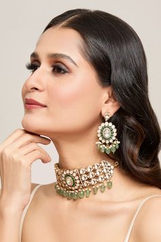 Gold toned choker with sea green doublet polki, zirconia embellishment. Comes with earrings. - Aza Fashions Hand Set Green Kundan Necklace, Green Hand-set Kundan Necklace, Elegant Green Choker With Stone Work, Elegant Green Choker For Reception, Luxury Green Meenakari Jewelry, Green Kundan Choker Necklace, Studded Choker, Cocktail Reception, Luxury Sale