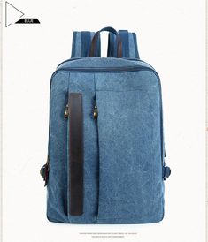 Mens 14 Inches Laptop Canvas Backpack Blue Canvas Bags For Back To School, Everyday Blue Backpack, Casual Blue Laptop Bag For School, Casual Blue Rectangular Laptop Bag, Casual Canvas Laptop Bag For School, Large Capacity Rectangular Cotton Backpack, Casual Canvas Laptop Backpack, Blue Casual Laptop Bag For Everyday Use, Blue Canvas Backpack For Back To School