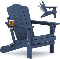 a blue adiron chair with a beer in it