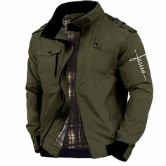 Season:Winter,Fall; Fabric:100% Cotton; Sleeve Length:Long Sleeve; Gender:Men's; Style:Casual; Occasion:Sports Outdoor,Camping  Hiking; Fit Type:Regular Fit; Function:Comfy,Tactical,Thermal Warm; Pattern:Graphic,Letter Printed,Jesus; Design:Zip Front,Side Pockets; Neckline:Standing Collar; Outerwear Type:Jacket,Coat,Bomber Jacket; Listing Date:09/02/2024 Stand Collar Outerwear With Pockets For Outdoor Activities, Outdoor Stand Collar Outerwear With Pockets, Outdoor Windbreaker With Stand Collar And Pockets, Outdoor Outerwear With Side Pockets And Stand Collar, Combat Style Khaki Long Sleeve Windbreaker, Tactical Long Sleeve Windbreaker For Fall, Khaki Windbreaker With Cargo Pockets For Fall, Combat Style Windbreaker For Fall Outdoor Activities, Combat Style Windbreaker For Outdoor Fall Activities