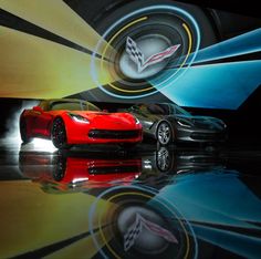 two sports cars are shown in front of an abstract background