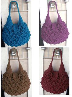 crocheted purses are shown in four different colors