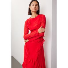 Red chiffon (100% Polyester). Column. Long sleeves. Crewneck. Back zipper closure. 58" from shoulder to hemline. Imported. Red Long Sleeve Flowy Chiffon Dress, Red Flowy Long Sleeve Chiffon Dress, Flowy Red Chiffon Long Sleeve Dress, Flowy Long Sleeve Red Chiffon Dress, Red Chiffon Evening Dress For Spring, Fitted Red Chiffon Dress With Ruffles, Formal Red Flowy Chiffon Dress, Formal Flowy Red Chiffon Dress, Chic Red Chiffon Blouse