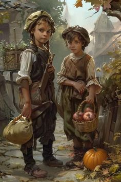 two children standing next to each other holding baskets