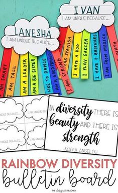 rainbow diversity bulletin board with words on it and clouds in the sky above