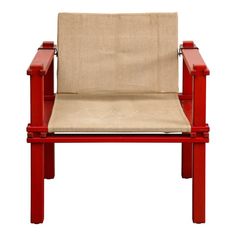 a red chair with a beige seat cushion on it's back and armrests