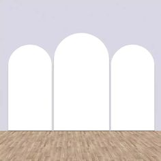 an empty room with arches and wood flooring in front of the white wall 3d rendering