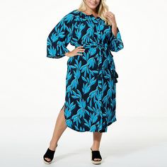 G by Giuliana Printed Crepe Button-Up Duster Shirtdress  Dress up without all the fuss with this easy-to-wear (and style) midi dress. Done in cool crepe fabrication with a vibrant print, it pairs well with any plans. Modern Chic Fashion, Giuliana Rancic, Pleated Sleeves, Color Crush, Draped Fabric, Modern Chic, Types Of Skirts, Raglan Sleeve, Button Up