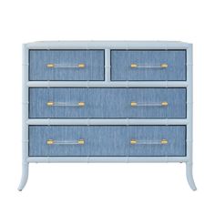 a blue dresser with gold handles and drawers on it's sides, against a white background