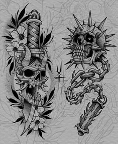 Skull Flash Tattoo Design, Christmas Tattoo Flash, Bday Tattoo, Skull Art Tattoo, Petit Tattoo, Creepy Tattoos, Dark Art Tattoo, Tattoo Style Drawings, Tattoo Design Book