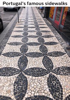 a mosaic sidewalk with black and white designs on it that reads portugal's famous sidewalks