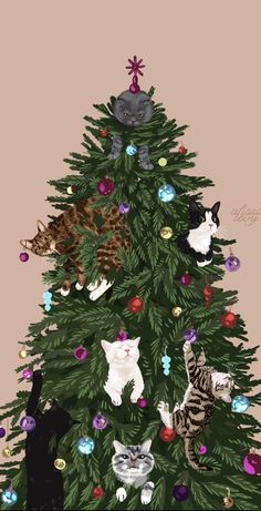 a christmas tree with many cats on it