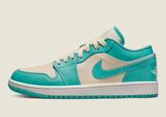 Jordan 1 Low Tropical Teal, Jordan 1 Low Unc, Nike Jordan 1 Low, Teal Sneakers, Air Jordan Low, Gymnastics Shoes, Jordan Low, Jordan Sneaker, Beige Sneakers