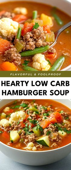 Image for Hearty Low Carb Hamburger Soup Healthy Vegetable Beef Soup Low Carb, Hamburger Soup Keto Low Carb, Hamburger Soup Healthy Low Carb, Low Carb Hamburger Soup Recipes, Whole Foods Soup Recipes, Low Carb Crock Pot Recipes Soup, Keto Vegetable Beef Soup Low Carb, Low Carb Soup Recipes Crock Pots, Keto Cabbage Soup Crock Pot