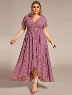 Pleated V-Neck Short Sleeve Ruffled Lace Evening Dress #color_Purple Orchid Medevil Dresses, Plus Formal Dresses, Quincenera Dresses, Dresses Revolve, Simple Evening Dress, Stretch Lace Fabric, A Line Evening Dress, Revolve Dresses, Evening Dress Floor Length