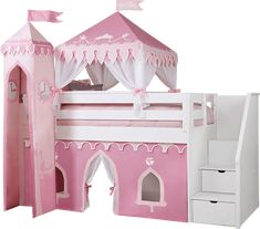 a pink and white princess castle bed with curtains on the top, stairs leading up to it