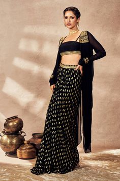 Designer Jackets and Skirts Georgette Sequin Printed for Women Skirt And Jacket Set, Black Pixie, Long Blouse Designs, Skirt And Jacket, Designer Kurti Patterns, Drape Jacket, Casual Indian Fashion, Embroidered Border, Draped Skirt