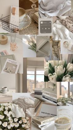 a collage of photos with flowers, books and other things on the table in it