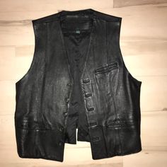 Black Vintage Leather Vest, New Without Tags Size Medium Black Leather Vest For Fall, Black Business Vest For Fall, Classic Black Leather Vest, Classic Leather Vest For Workwear, Black Casual Leather Vest, Casual Black Leather Vest, Black Leather Vest Outfit, Goth Vest, Leather Vest Outfit