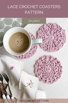 two crocheted coasters with the words lace crochet coasters pattern