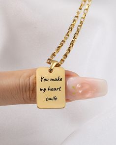 Beautifully made and personalized message necklace. Perfect gift for your daughter, granddaughter, your son or husband  .  Crafted with care and imbued with personal meaning, our unisex handwritten necklace captures the essence of individuality. Each delicate pendant is meticulously inscribed with a cherished message, name, or date, creating a timeless keepsake that speaks directly to the heart. As unique as the wearer themselves, this elegant accessory serves as a reminder of love, connection, Meaningful Gift Necklace, Meaningful Rectangular Necklaces For Gifts, Meaningful Rectangular Necklace For Gift, Father's Day Gift Pendant Charm Necklace, Inspirational Customizable Jewelry For Gifts, Meaningful Personalized Rectangular Jewelry, Inspirational Personalized Rectangular Jewelry, Inspirational Personalized Necklace For Birthday Gift, Personalized Inspirational Necklace For Birthday