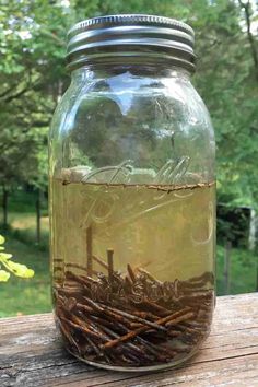 a jar filled with lots of liquid sitting on top of a wooden table next to trees