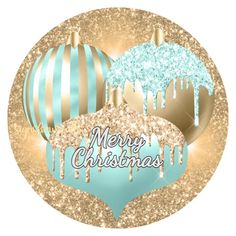 merry christmas ornament with blue and gold ornaments