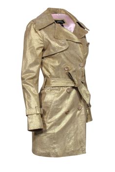 Exude timeless elegance in this metallic classic trench coat, designed to elevate any ensemble with its polished aesthetic. Crafted with a nod to iconic style, this coat adds an air of sophistication to your wardrobe. Wear it over a sleek LBD or tailored pants and a blouse for a chic, effortlessly refined look. Size XS Shell 100% Genuine Leather Lining 100% Acetate Gold shimmer Long Sleeves Classic trench silhouette Bust 34” Waist 28” Shoulder to shoulder 31” Shoulder to hem 33” Sleeve length 24 Polished Aesthetic, French Girl Chic, Classic Trench Coat, Chic Shop, Buy Shoes Online, Iconic Style, Gold Shimmer, Tailored Pants, French Girl