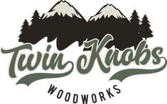 twin peaks wood works logo with trees and mountains in the backgroung, white background