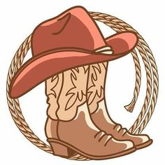 a cowboy hat and boots hanging on a rope with a circle around it that has the word