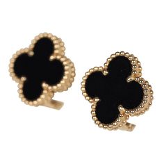 These Van Cleef & Arpels Vintage Alhambra earrings are in Onyx and 18K yellow gold with a clip back closure with detachable stem.Origin: FranceCondition: New and never wornAccompanied by: VCA green jewelry box, authenticity card, carebookMeasurements: .5" x .5" Motifs Luxury 14k Gold Earrings For Evening, Luxury 14k Gold Earrings, Luxury Black Jewelry, Luxury Tarnish Resistant Earrings For Evening, Luxury Tarnish Resistant Earrings, Luxury Gold Plated Earrings For Evening, Luxury Clip-on Earrings For Formal Occasions, Luxury Gold-plated Earrings For Formal Occasions, Luxury Gold Plated Earrings For Formal Events