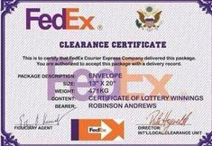 a certificate for the fedex clearance certificate is shown in purple and orange, with an eagle